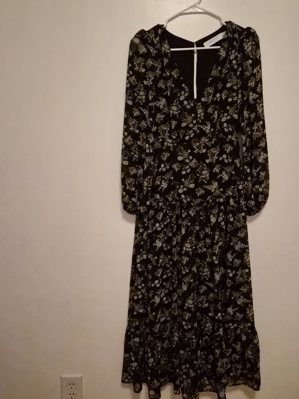 Black Floral Long Sleeve Midi Dress